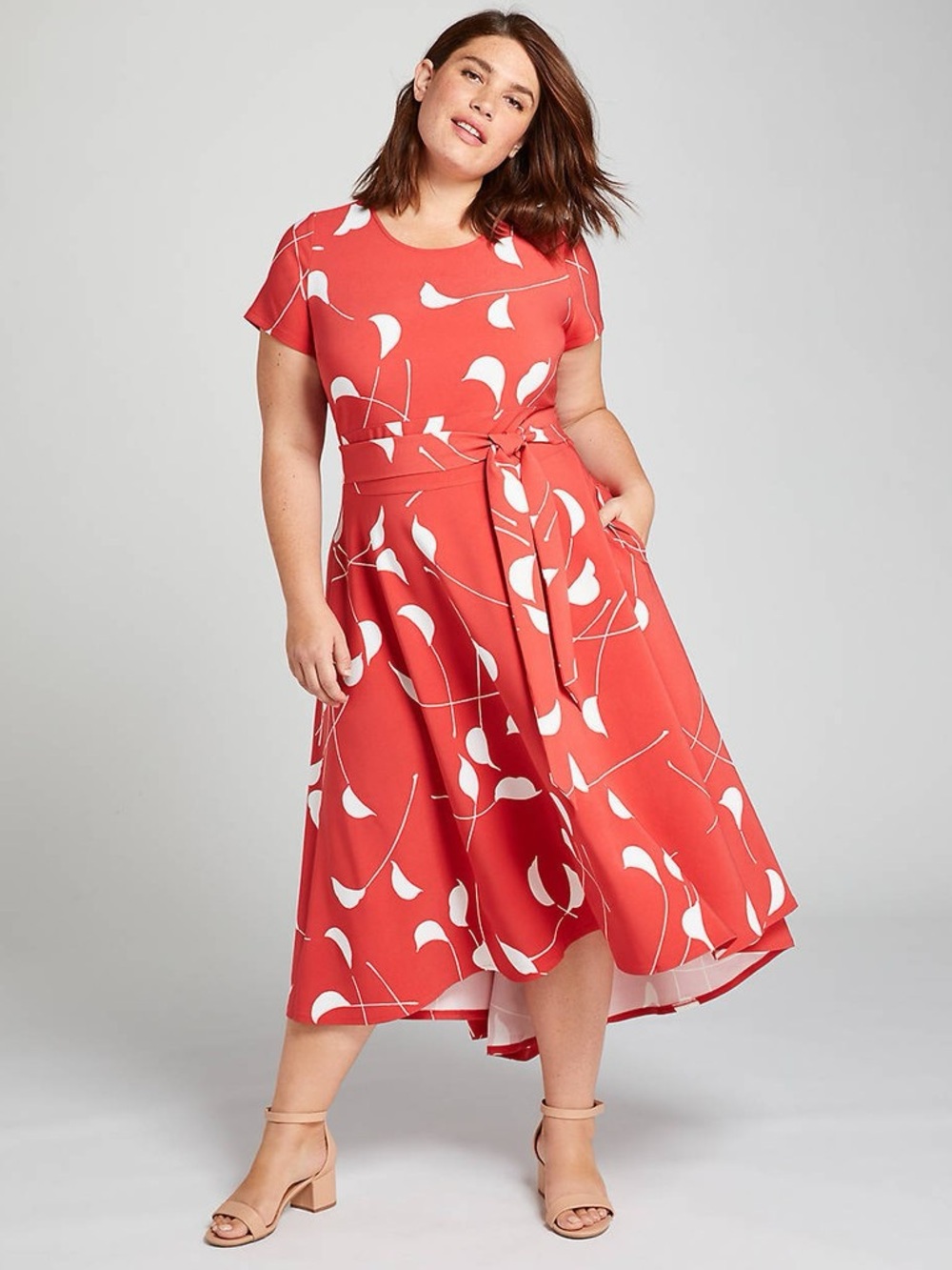 Lane Bryant Coral-White Midi Dress with Tie Waist